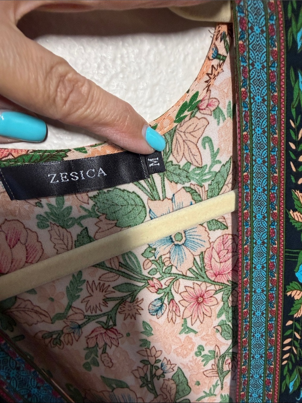 Floral V-Neck Mini Dress in Peach with Blue Accents - Picture 2 of 7